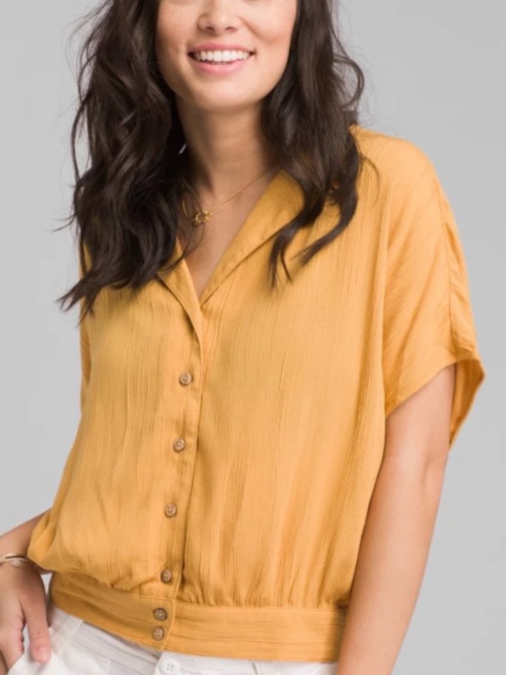 Prana Permilla Blouse Mustard Yellow Button Front Short Sleeve Top Size M